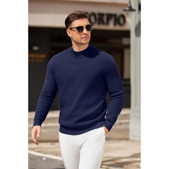 Coofandy Men Blue Purple Mock Turtleneck Knitted Half Neck Pullover Sweaters - Picture 5 of 6